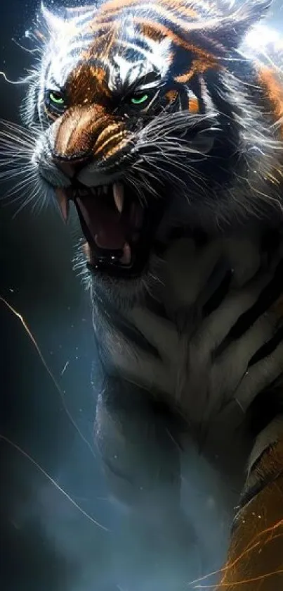 Fierce roaring tiger in dynamic wallpaper design, ideal for mobile screens.