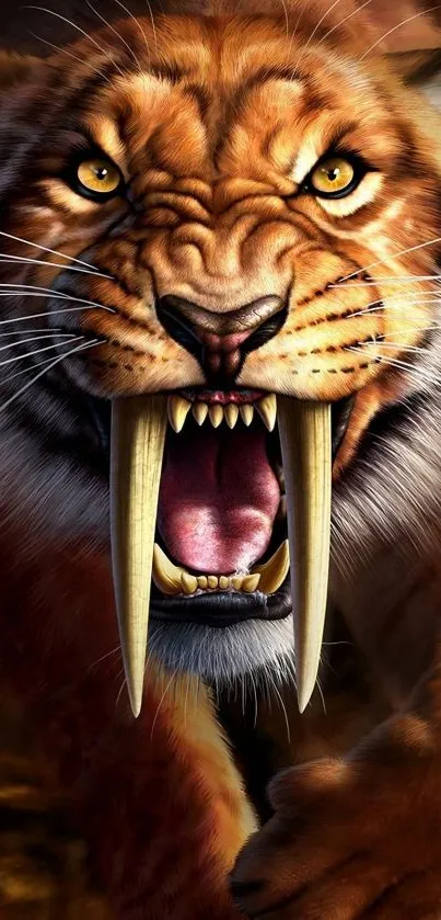 Fierce saber-tooth tiger with vivid colors and intense expression in mobile wallpaper.