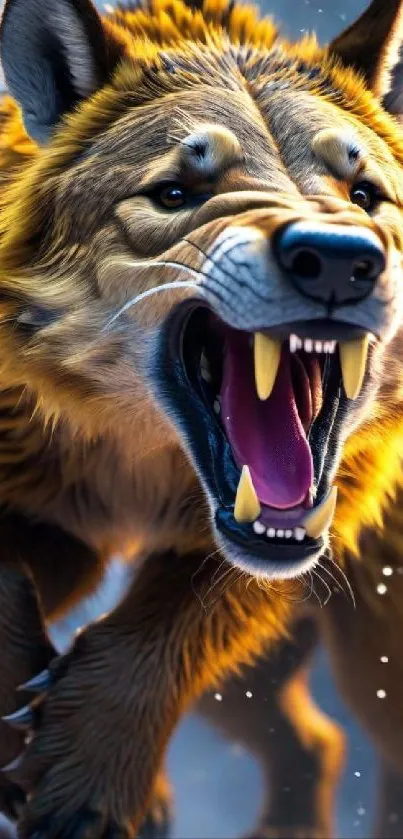 Fierce saber-toothed tiger roaring illustration with golden fur.