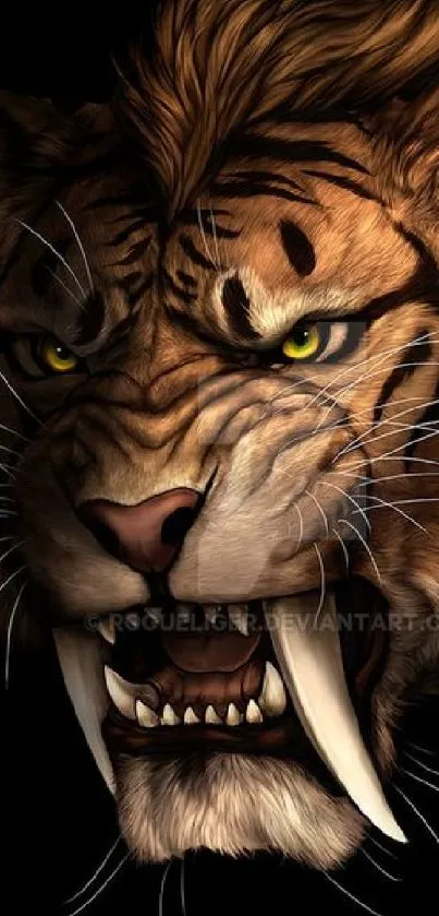 Fierce sabertooth tiger illustration with intense expression.