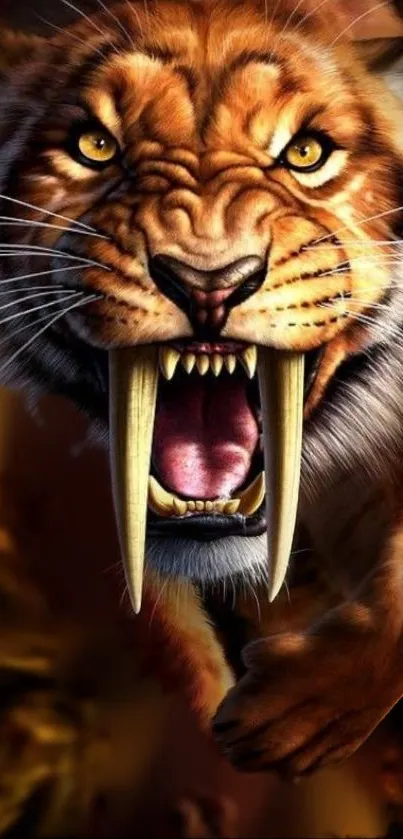 Fierce sabertooth tiger leaps forward in vivid mobile wallpaper.