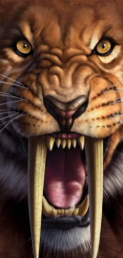 Fierce sabertooth tiger art with prominent fangs.