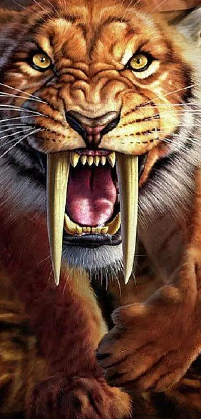 Fierce sabertooth tiger artwork in vivid orange hues for a mobile wallpaper.