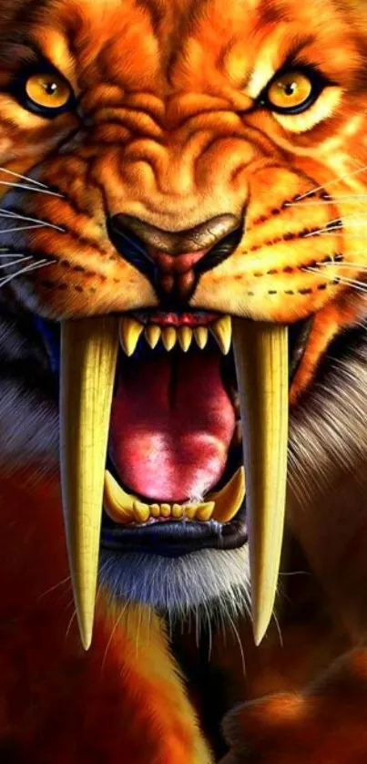 Fierce sabertooth tiger roaring with intense gaze.