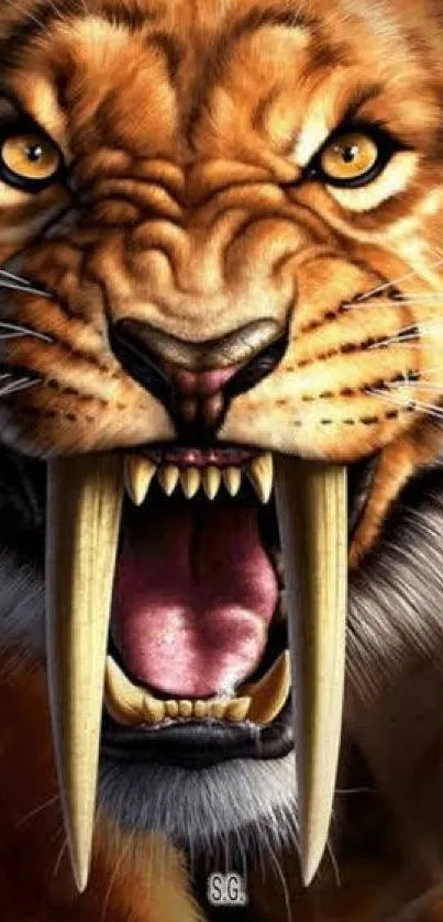 Close-up of a fierce sabertooth tiger displaying its impressive fangs.