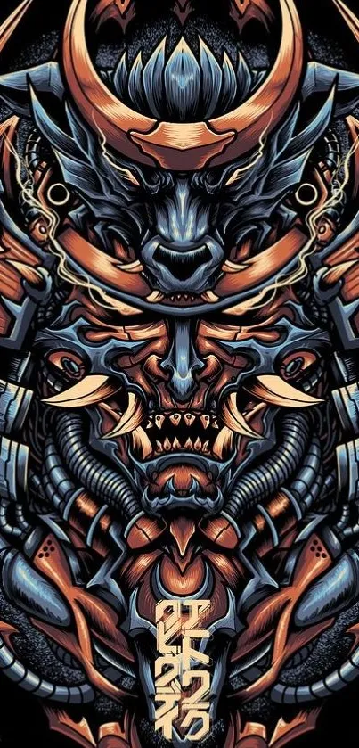 Fierce samurai mask art on mobile wallpaper.