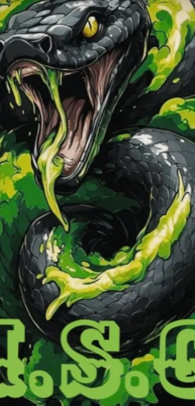 Fierce black snake with green accents on a phone wallpaper.