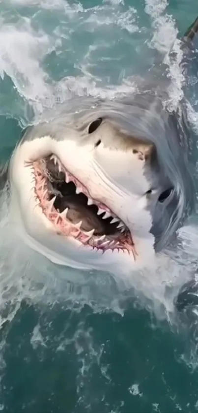 Fierce shark emerging from the ocean with open jaws.