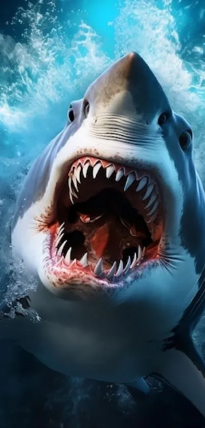 Close-up of a fierce shark in the ocean with sharp teeth and blue water background.
