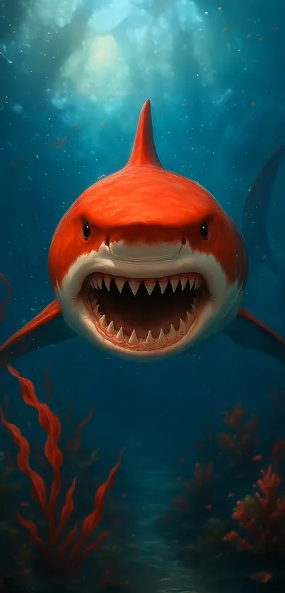 Fierce shark swimming in vibrant ocean.