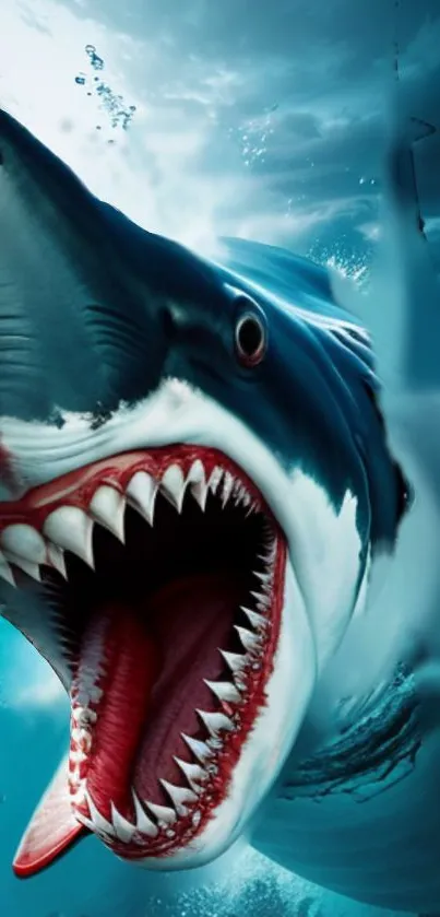 Fierce shark swimming in ocean water, open mouth.
