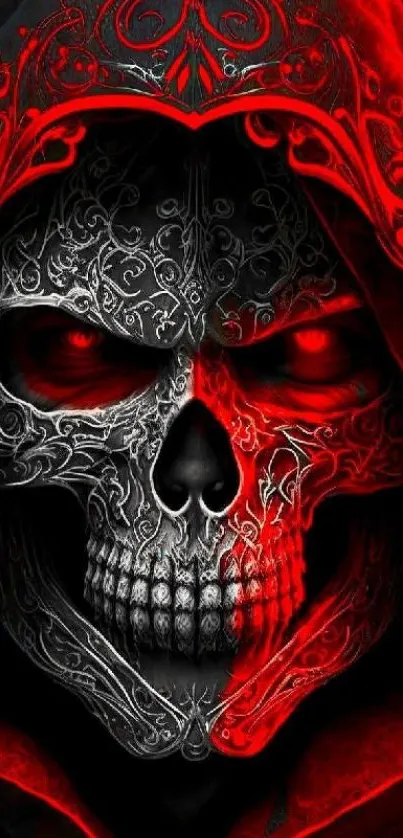 Intricate skeletal design with a red hood.