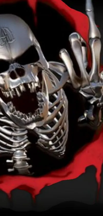 Metallic skeleton hand reaching out with red-black background design.