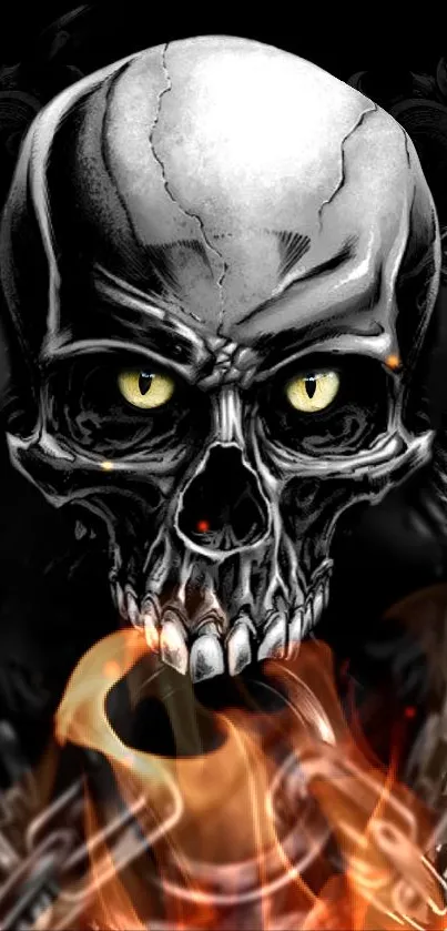 Fierce skull with yellow eyes and flames in a dark mobile wallpaper.