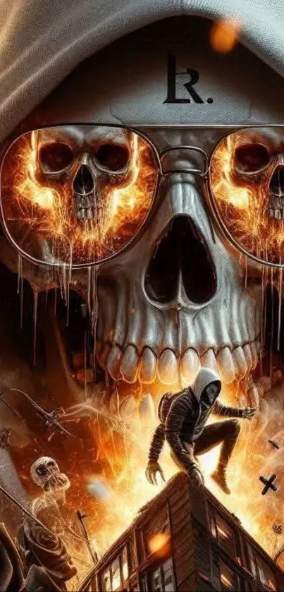 Fiery skull design with hooded figure in intense artwork.