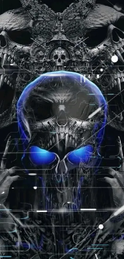 Intricate skull design with blue accents for mobile wallpaper.