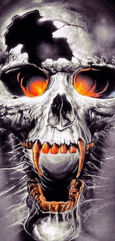 A fierce skull design with fiery eyes and gray tones for mobile wallpaper.