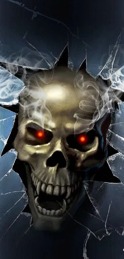 Skull breaks through shattered glass, glowing red eyes.