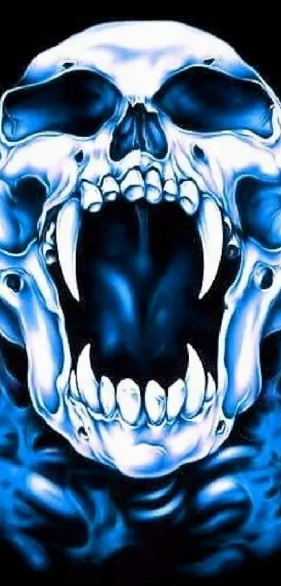 A fierce skull with blue flames on a dark background, perfect for a bold wallpaper.