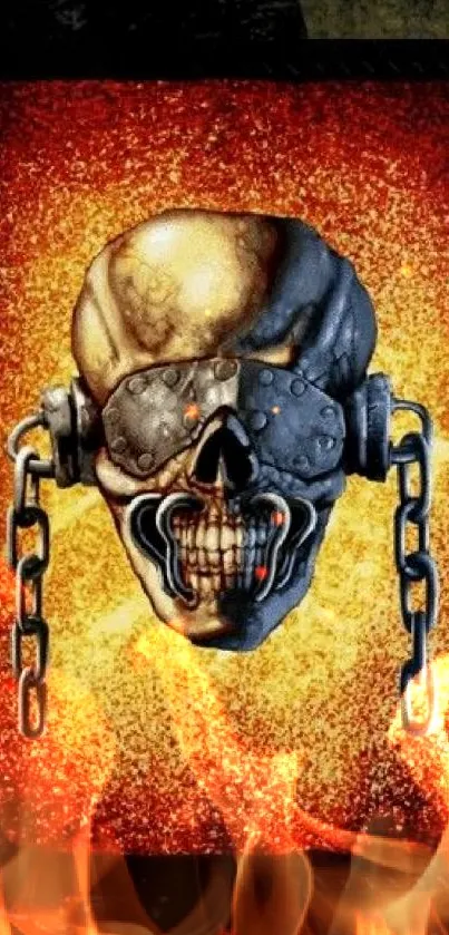 Skull with headphones and chains on fiery background.