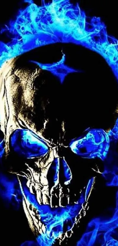 A skull engulfed in vibrant blue flames on a dark background.