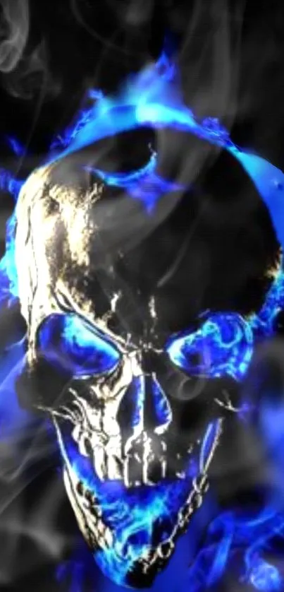 Skull engulfed in blue flames with a dark background.