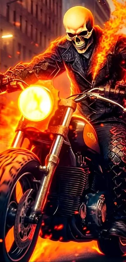 Skull rider on fiery motorcycle in urban setting.