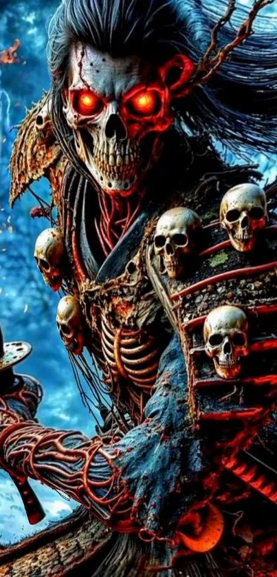 Fierce skull warrior with glowing red eyes.