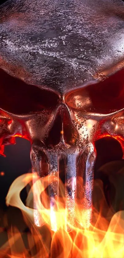 Dark metallic skull with flames wallpaper.