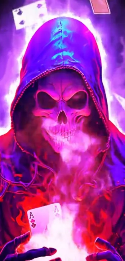 Fierce neon skull holding cards with purple flames.