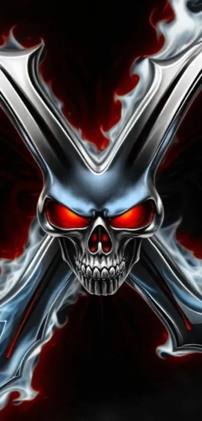 Skull with metallic X and fire in dark background.