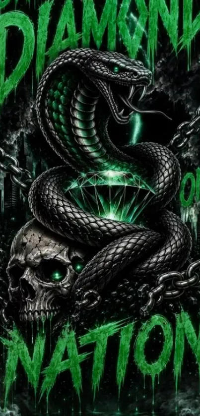 Snake wrapped around a skull on dark background.