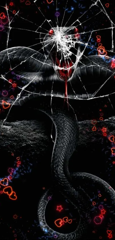 Fierce black snake with red eyes on dark background.