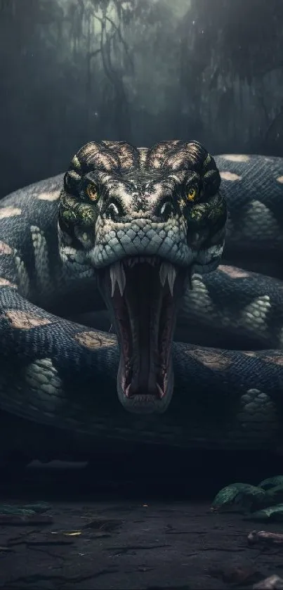 A fierce snake in a dark, lush jungle setting, with an open mouth.