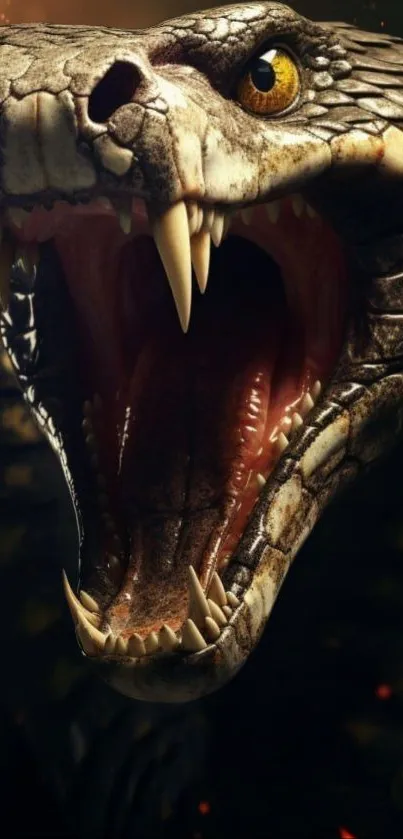 Close-up of a fierce snake with open mouth and sharp fangs.