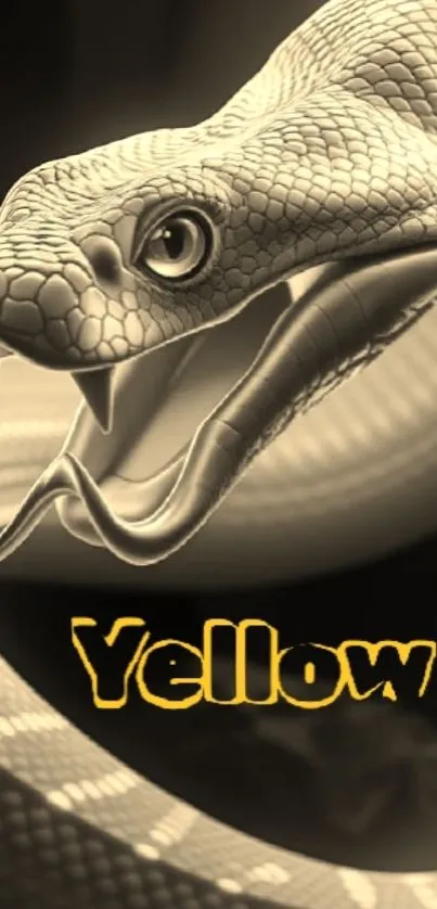 Fierce snake with yellow text on wallpaper.