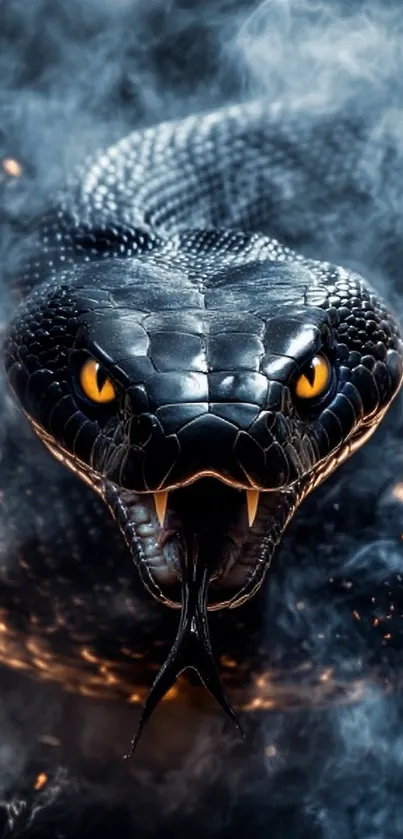 Black snake in smoky background, fierce and intense