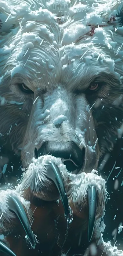 Close-up of a fierce snow bear with sharp claws and icy fur.