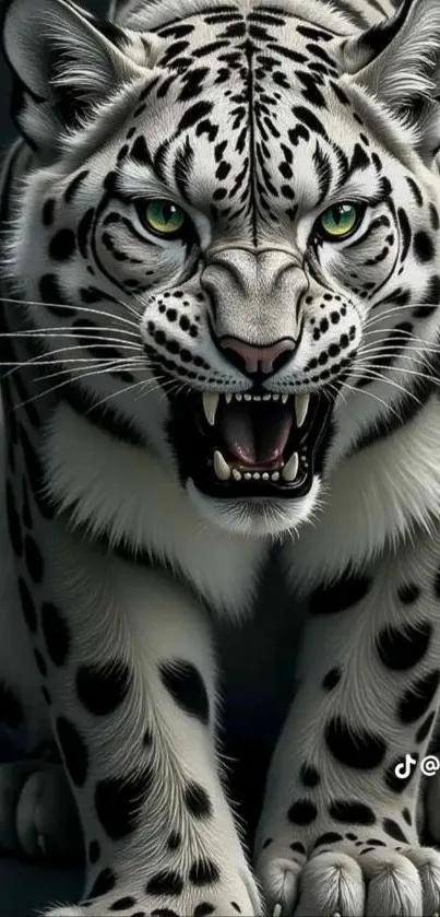 Fierce snow leopard with open mouth
