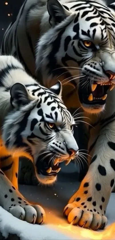 Fierce snow leopards roaring with fiery intensity on a snowy landscape.