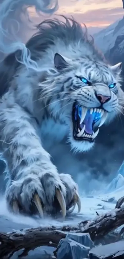 Fierce snow tiger with icy blue eyes in a digital artwork scene.