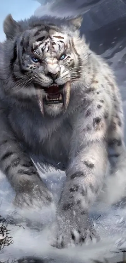 Fierce snow tiger in mountain setting, perfect for mobile wallpaper.