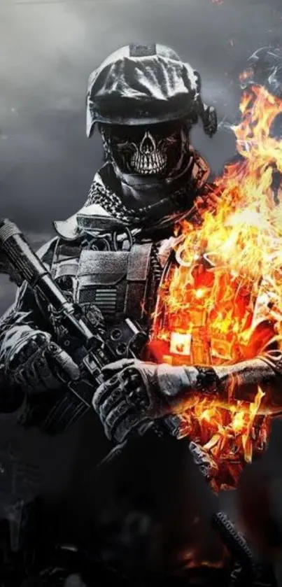 Masked soldier surrounded by flames in intense wallpaper.