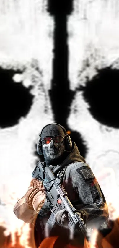 Intense soldier with skull and flames wallpaper.