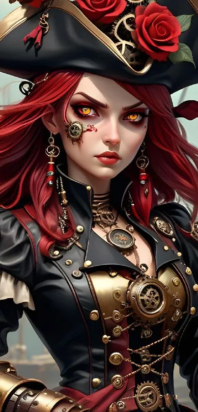 Steampunk pirate in red and gold attire with vibrant details.