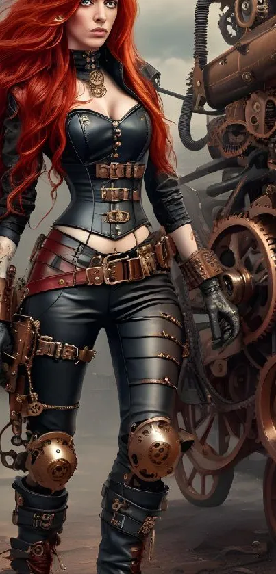 Steampunk warrior with red hair amidst complex gears.