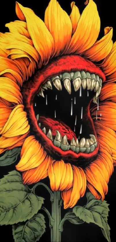 Fiery sunflower with sharp teeth on black background.