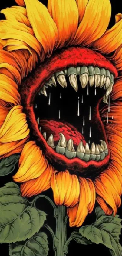 Fierce orange sunflower with sharp teeth on black background.