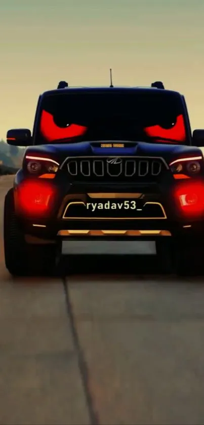 Black SUV with red glowing headlights on a deserted road wallpaper.