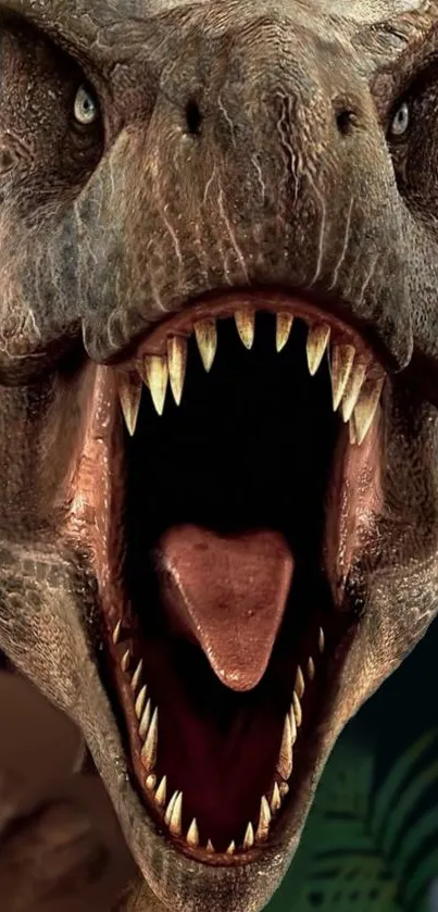 Close-up of a roaring T-Rex face, capturing its fierce expression.
